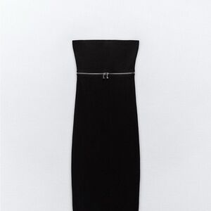 Zara Black Strapless Midi Dress with Silver Zip Detail | Large